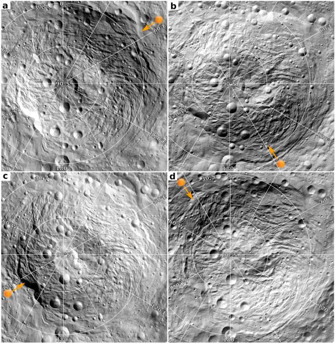 Fig. 2. Hillshade maps of Rheasilvia Basin generated from the Dawn Digital Terrain Model (DTM) with four azimuths (the angular directions of the sun) and a fixed solar incidence angle of 45°.