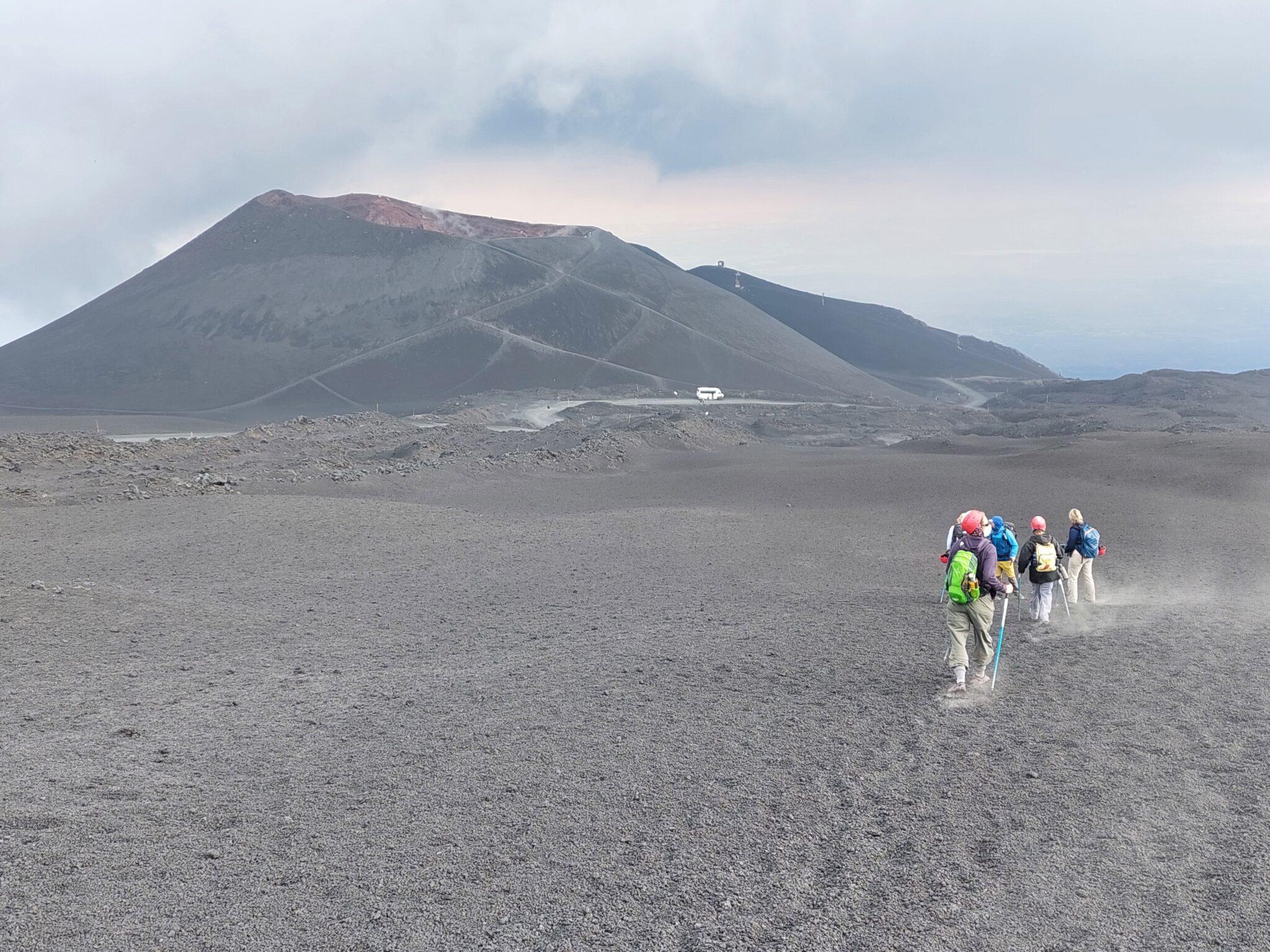 Pistone’s field crew hikes down toward the Rifugio Giovanni Sapienza, the highest point on Mount Etna reachable by automobile. (Photo by Mattia Pistone)