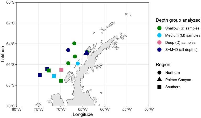 Sample locations in the western Antarctic Peninsula. S, only shallower samples analyzed; M, only medium-depth samples analyzed; D, only deeper samples analyzed; S-M-D, samples collected from deep, medium, and shallow environments analyzed.