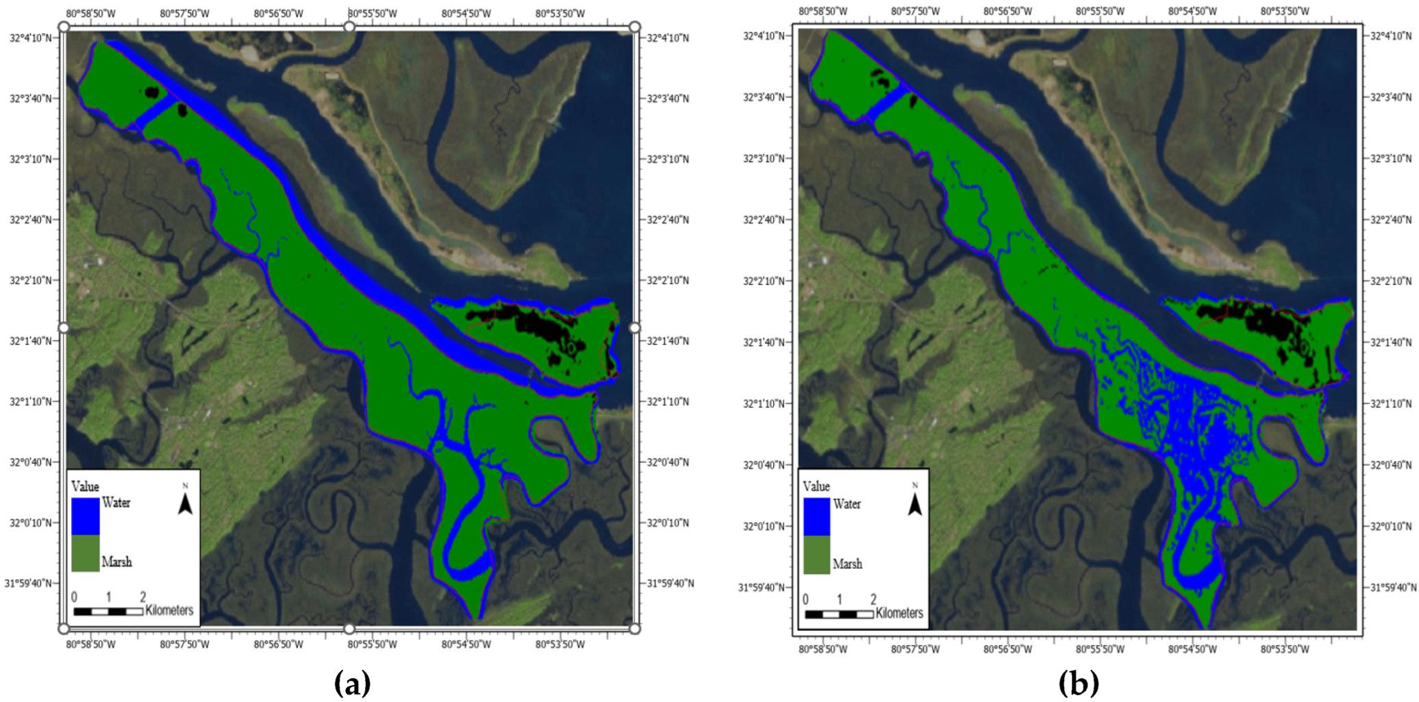 Supervised maximum classification of Fort Pulaski National Monument from 2016 to 2018. Image (a): 2016; image (b): 2018.