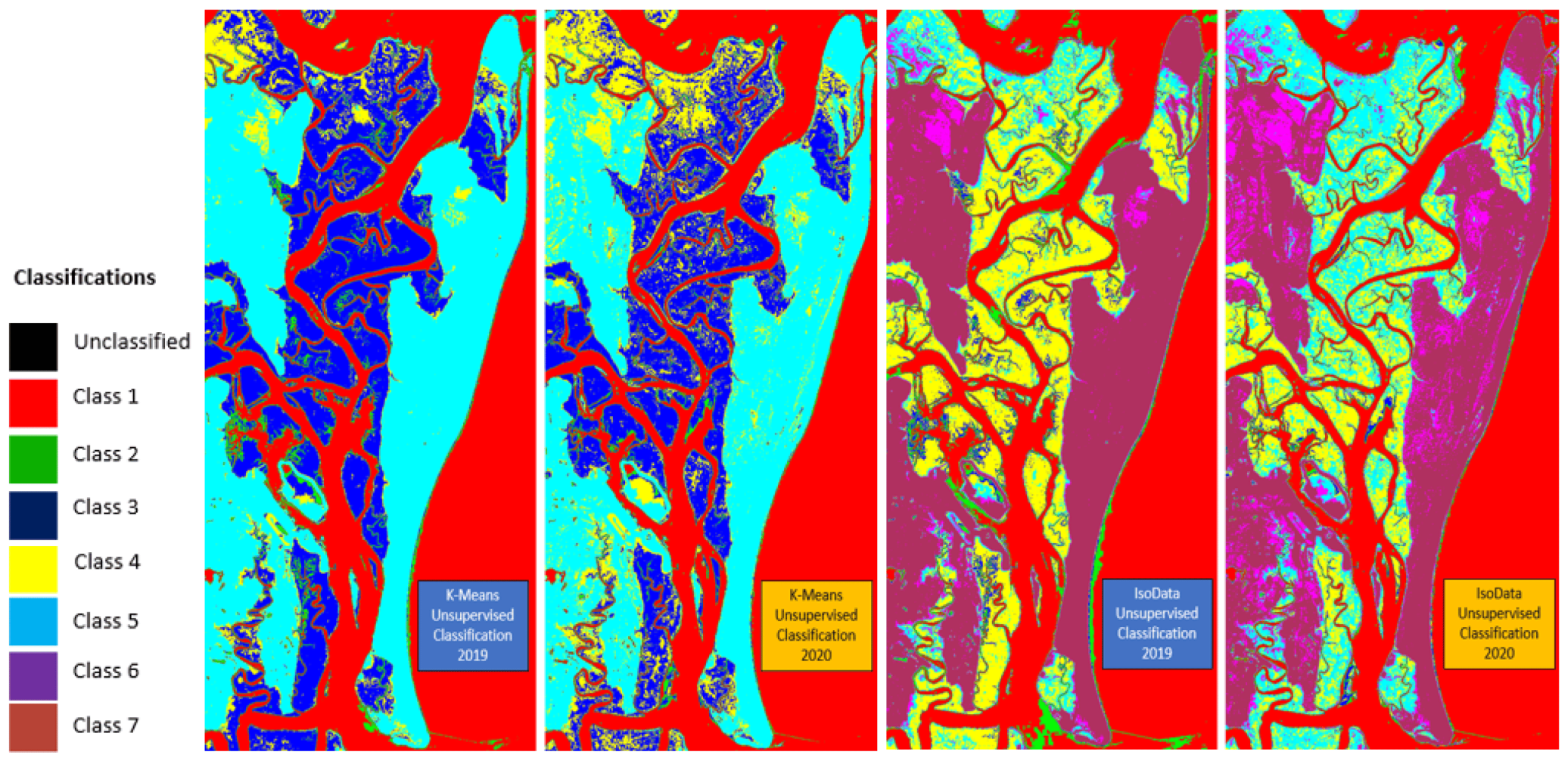 . Unsupervised classification using IsoData and K-means at Cumberland Island NS from 2019 to 2020.