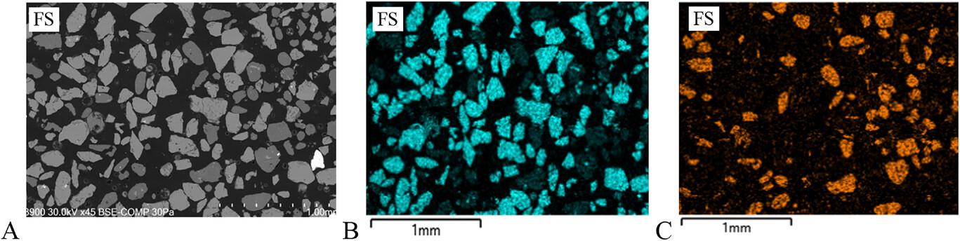 (A) Secondary backscatter image of polished thin section from sample of the fine sand (FS) fraction containing pseudosand (PS-mixture) in the fine sand (FS) fraction, with (B and C) energy-dispersive spectrometry (EDS)-mapping of Si and Al highlighting the distribution of quartz-rich particles (bright blue) and gibbsite- and kaolinite-rich grains (faint blue and bright orange).